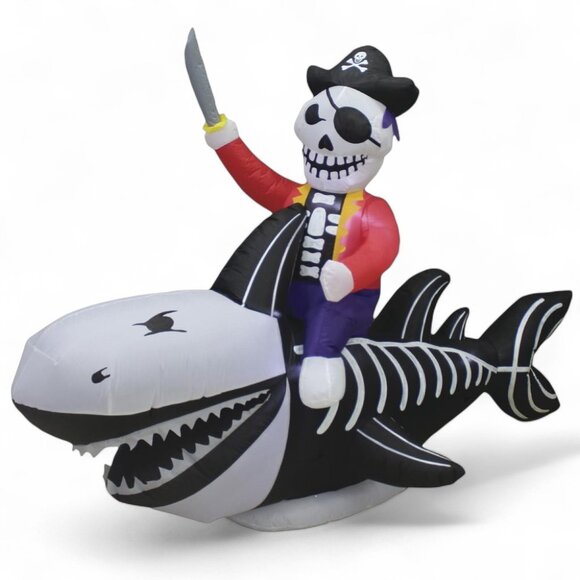 HUGE 8 FT Pirate Riding Skeleton Shark LED Inflatable Halloween Yard Prop NEW - Picture 1 of 7